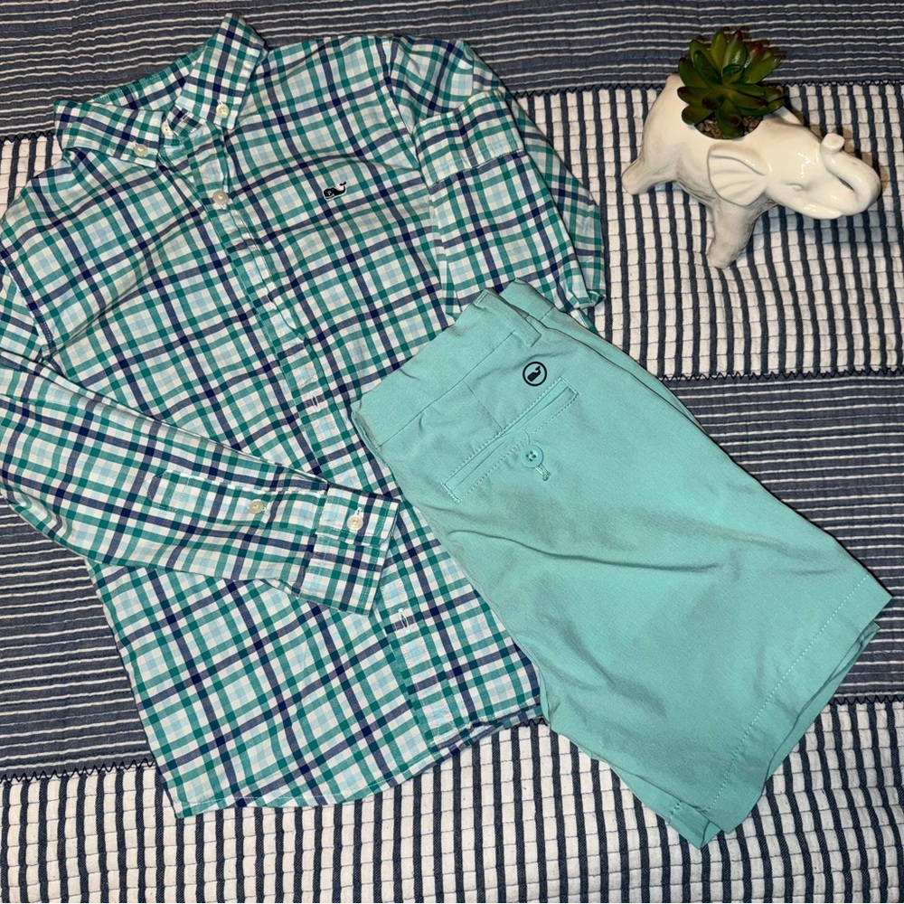 Vineyard Vines Kids Plaid Shirt and Shorts Set - Green and Blue